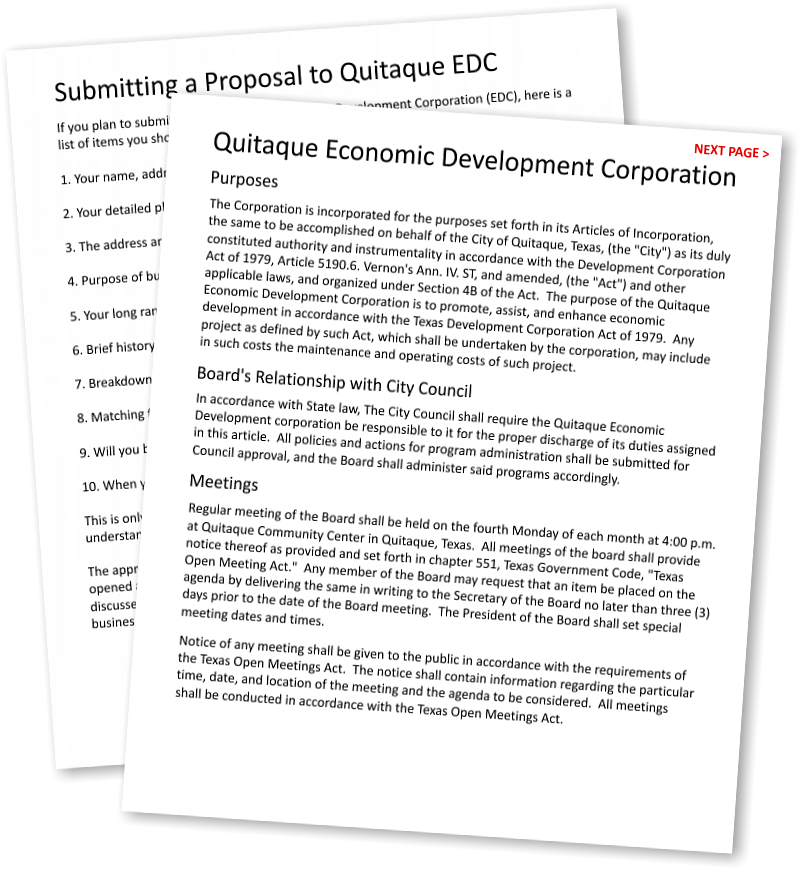 go to Submitting a Proposal to Quitaque Economic Development Corporation, Quitaque, TX 79255  806-455-1456